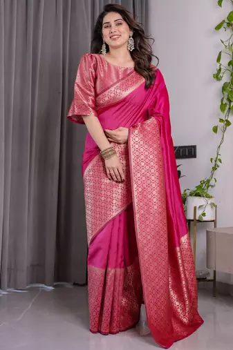 Pink elegant zari woven banarasi silk sarees with attached blouse