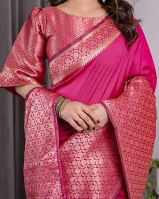 Pink elegant zari woven banarasi silk sarees with attached blouse 4