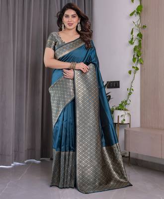 Rama elegant zari woven banarasi silk sarees with attached blouse 1