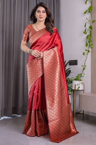 Red elegant zari woven banarasi silk sarees with attached blouse
