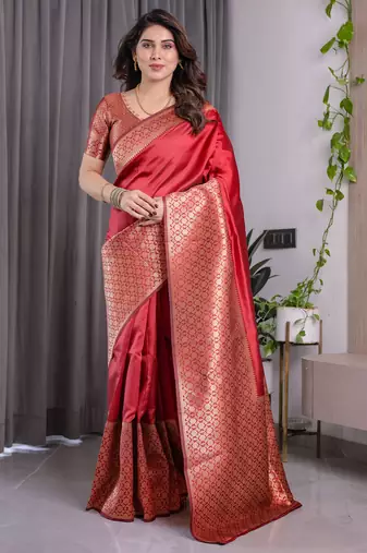 Red elegant zari woven banarasi silk sarees with attached blouse