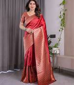 Red elegant zari woven banarasi silk sarees with attached blouse