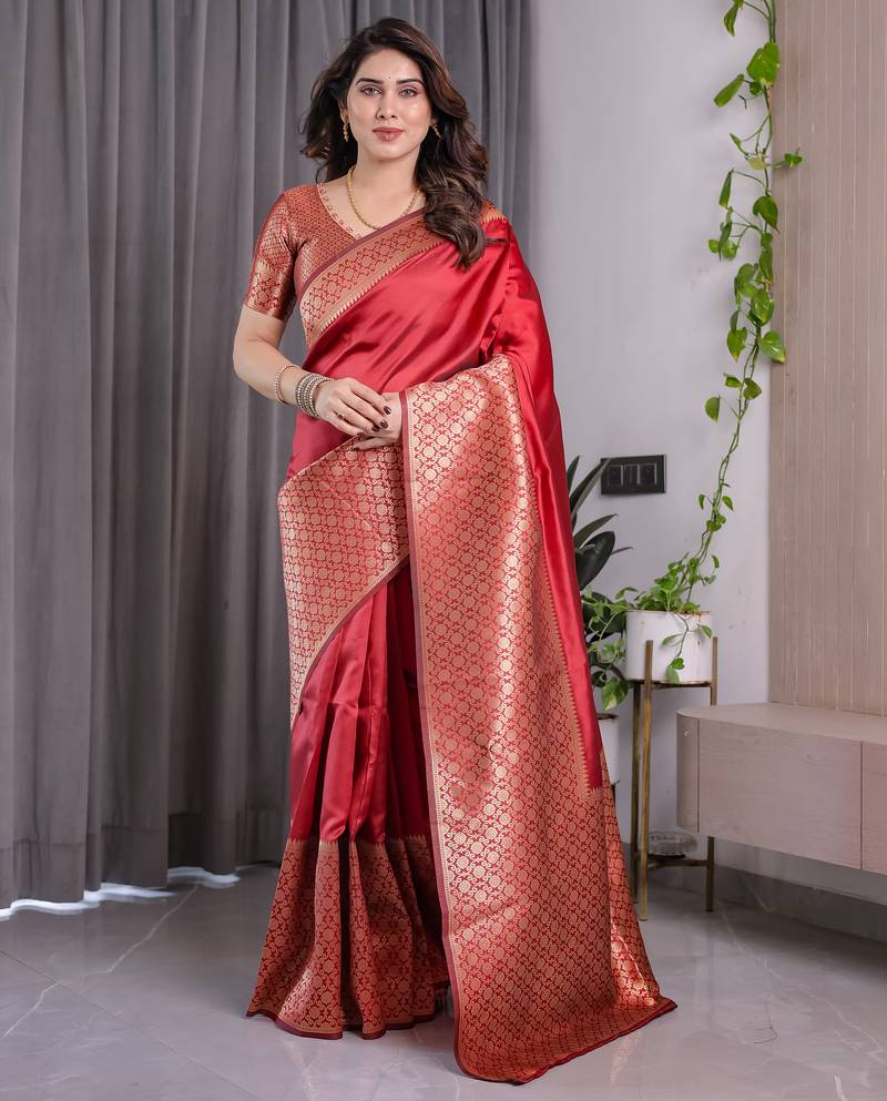 Red elegant zari woven banarasi silk sarees with attached blouse