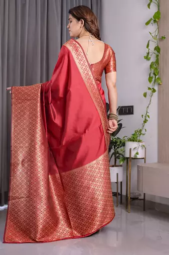Red elegant zari woven banarasi silk sarees with attached blouse