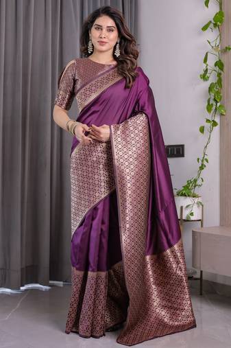 Wine elegant zari woven banarasi silk sarees with attached blouse