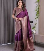 Wine elegant zari woven banarasi silk sarees with attached blouse
