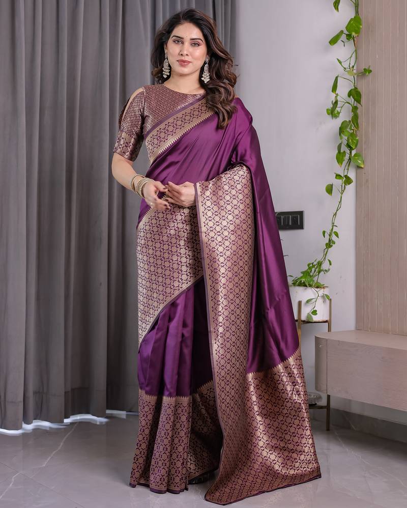 Wine elegant zari woven banarasi silk sarees with attached blouse