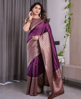 Wine elegant zari woven banarasi silk sarees with attached blouse 2
