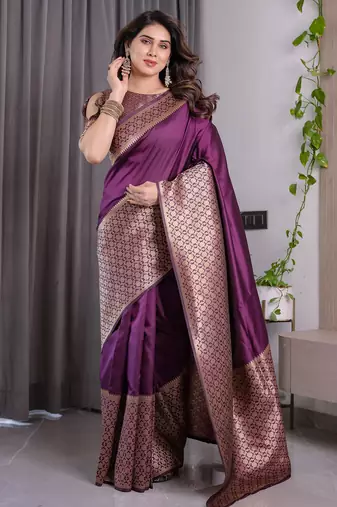 Wine elegant zari woven banarasi silk sarees with attached blouse