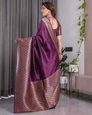 Wine elegant zari woven banarasi silk sarees with attached blouse 3