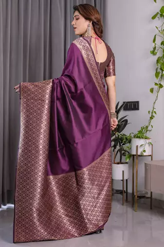 Wine elegant zari woven banarasi silk sarees with attached blouse