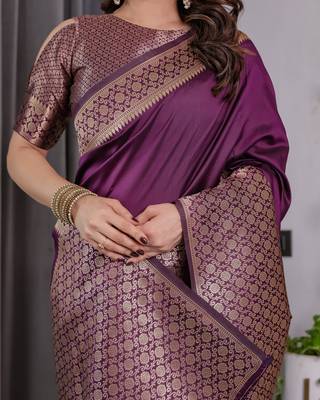 Wine elegant zari woven banarasi silk sarees with attached blouse 4