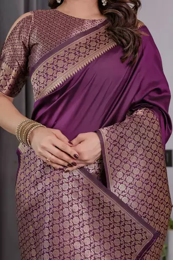 Wine elegant zari woven banarasi silk sarees with attached blouse