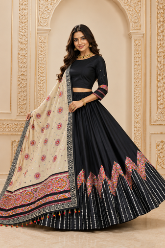 Black Digital Print Mirror Work Muslin Cotton Navratri Lehenga Choli