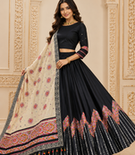 Black Digital Print Mirror Work Muslin Cotton Navratri Lehenga Choli