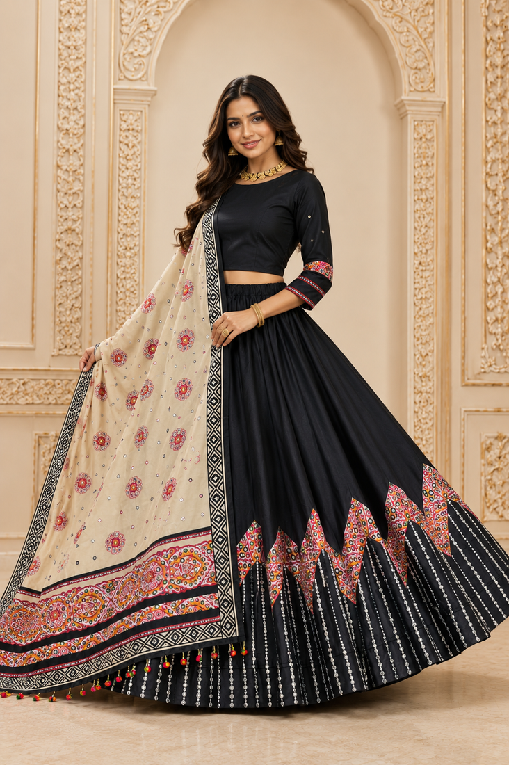 Black Digital Print Mirror Work Muslin Cotton Navratri Lehenga Choli