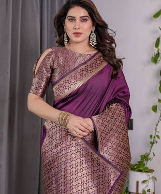 Wine elegant zari woven banarasi silk sarees with attached blouse 5