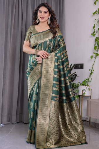 Green elegant zari woven banarasi silk sarees with attached blouse