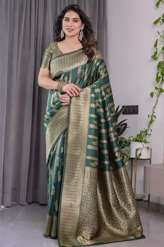 Green elegant zari woven banarasi silk sarees with attached blouse