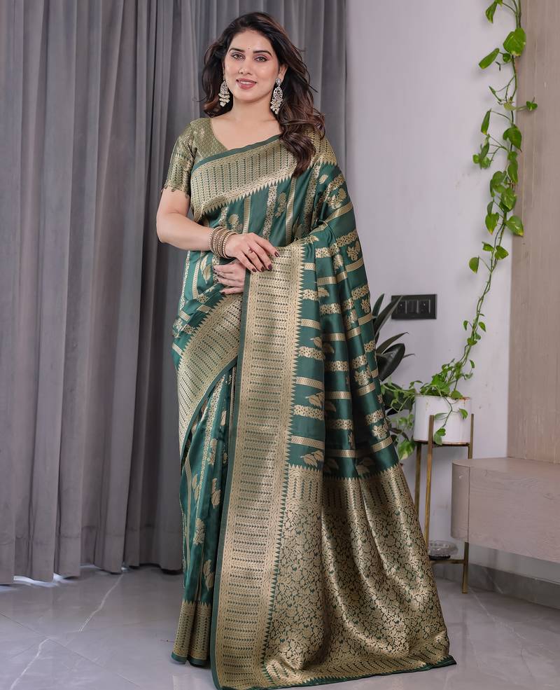 Green elegant zari woven banarasi silk sarees with attached blouse