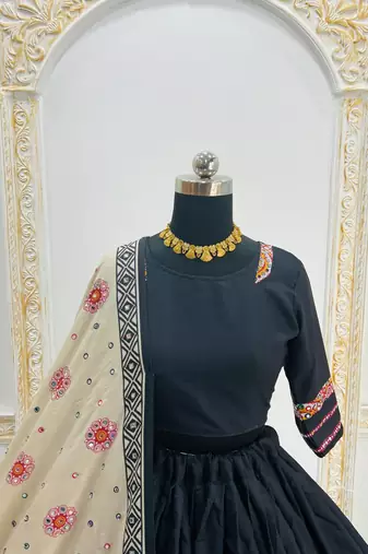 Black Digital Print Mirror Work Muslin Cotton Navratri Lehenga Choli