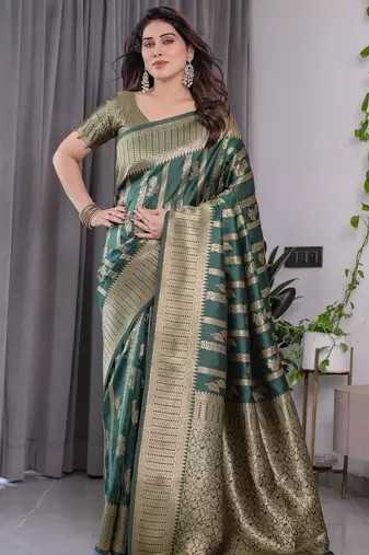 Green elegant zari woven banarasi silk sarees with attached blouse