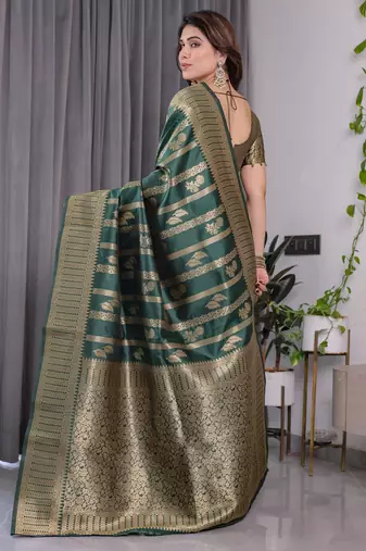 Green elegant zari woven banarasi silk sarees with attached blouse