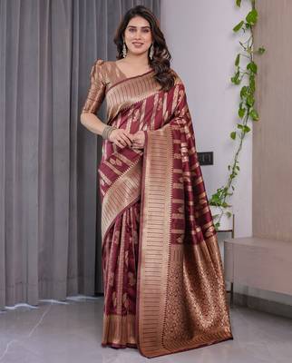 Maroon elegant zari woven banarasi silk sarees with attached blouse 1