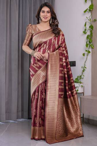 Maroon elegant zari woven banarasi silk sarees with attached blouse