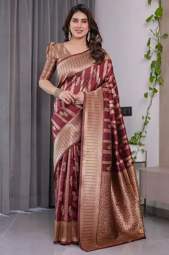 Maroon elegant zari woven banarasi silk sarees with attached blouse