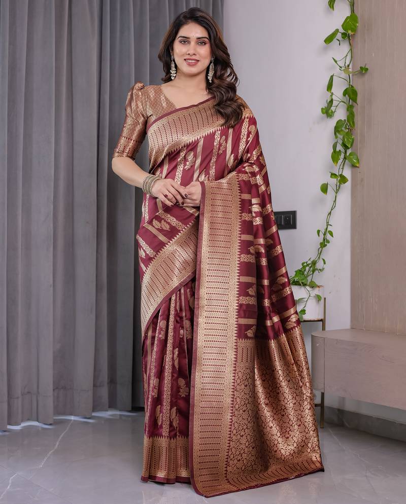 Maroon elegant zari woven banarasi silk sarees with attached blouse