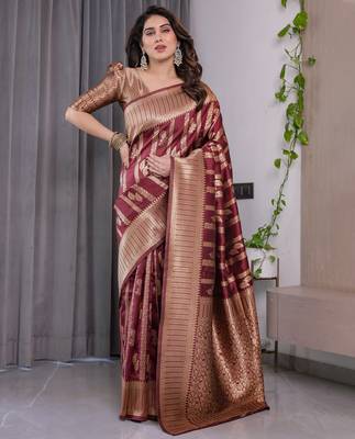 Maroon elegant zari woven banarasi silk sarees with attached blouse 2