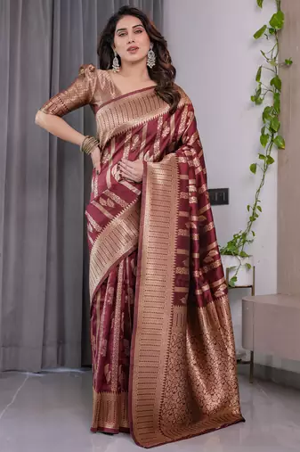 Maroon elegant zari woven banarasi silk sarees with attached blouse