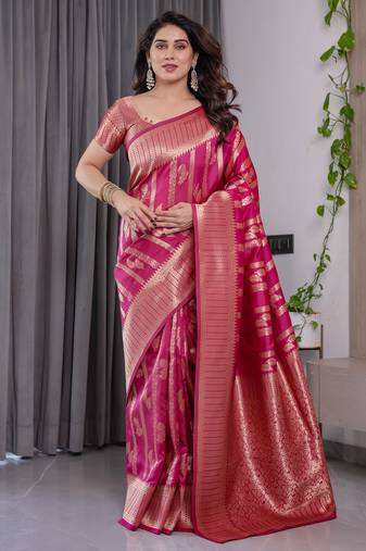 Pink elegant zari woven banarasi silk sarees with attached blouse