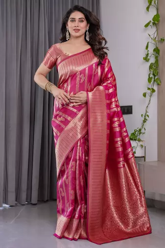 Pink elegant zari woven banarasi silk sarees with attached blouse