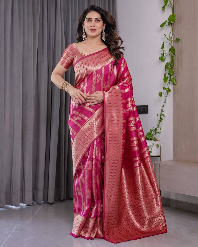 Pink elegant zari woven banarasi silk sarees with attached blouse