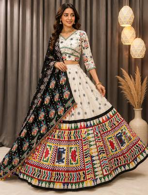 Off White Muslin Cotton Digital Print Mirror Work Navratri Lehenga Choli 1