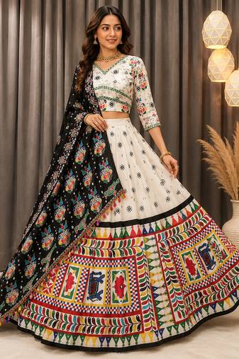 Off White Muslin Cotton Digital Print Mirror Work Navratri Lehenga Choli