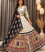 Off White Muslin Cotton Digital Print Mirror Work Navratri Lehenga Choli