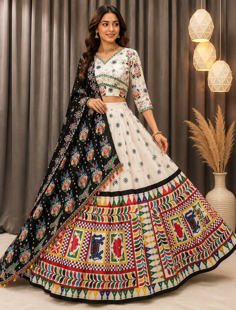 Off White Muslin Cotton Digital Print Mirror Work Navratri Lehenga Choli