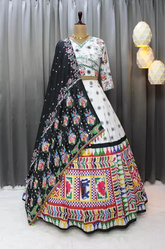 Off White Muslin Cotton Digital Print Mirror Work Navratri Lehenga Choli