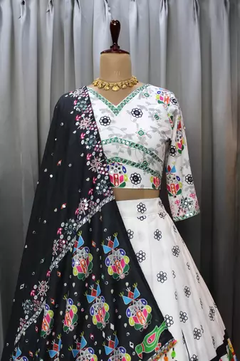 Off White Muslin Cotton Digital Print Mirror Work Navratri Lehenga Choli