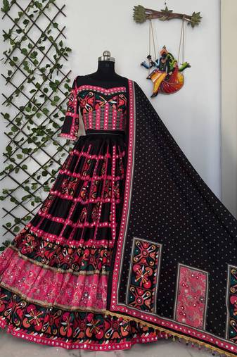 black pink mirror work muslin cotton navratri lehenga choli

