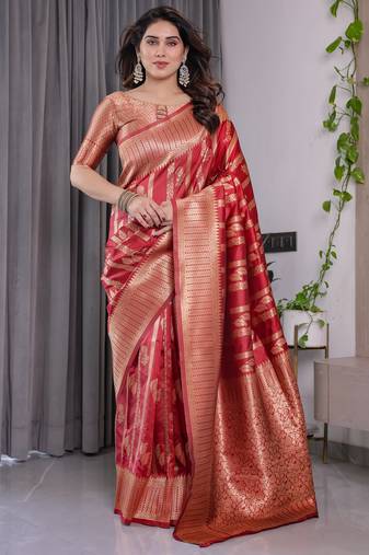 Red elegant zari woven banarasi silk sarees with attached blouse