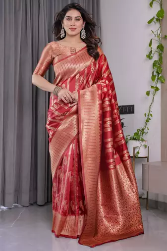 Red elegant zari woven banarasi silk sarees with attached blouse