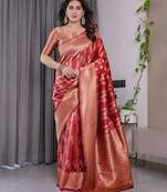 Red elegant zari woven banarasi silk sarees with attached blouse