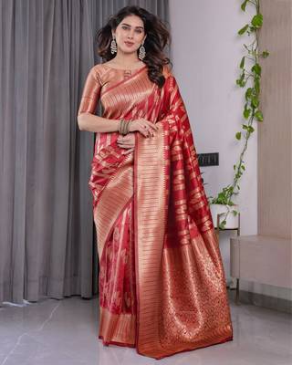 Red elegant zari woven banarasi silk sarees with attached blouse 2