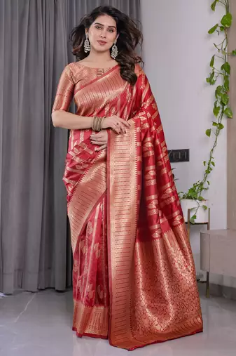 Red elegant zari woven banarasi silk sarees with attached blouse