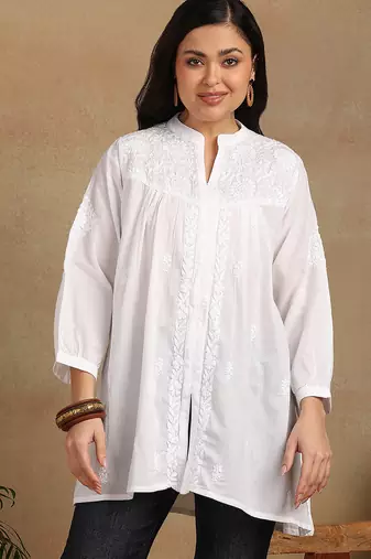 Women white floral embroidered chikankari pleats front slit kurtis