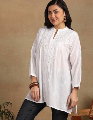 Women white floral embroidered chikankari pleats front slit kurtis 3